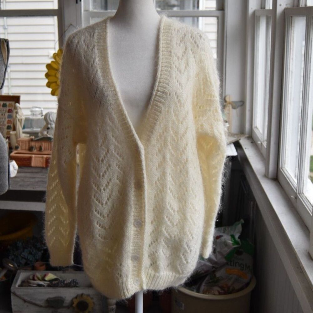 Vintage 80s Tarazzia Mohair Cardigan Cream Fuzzy Pointelle Knit L Oversized